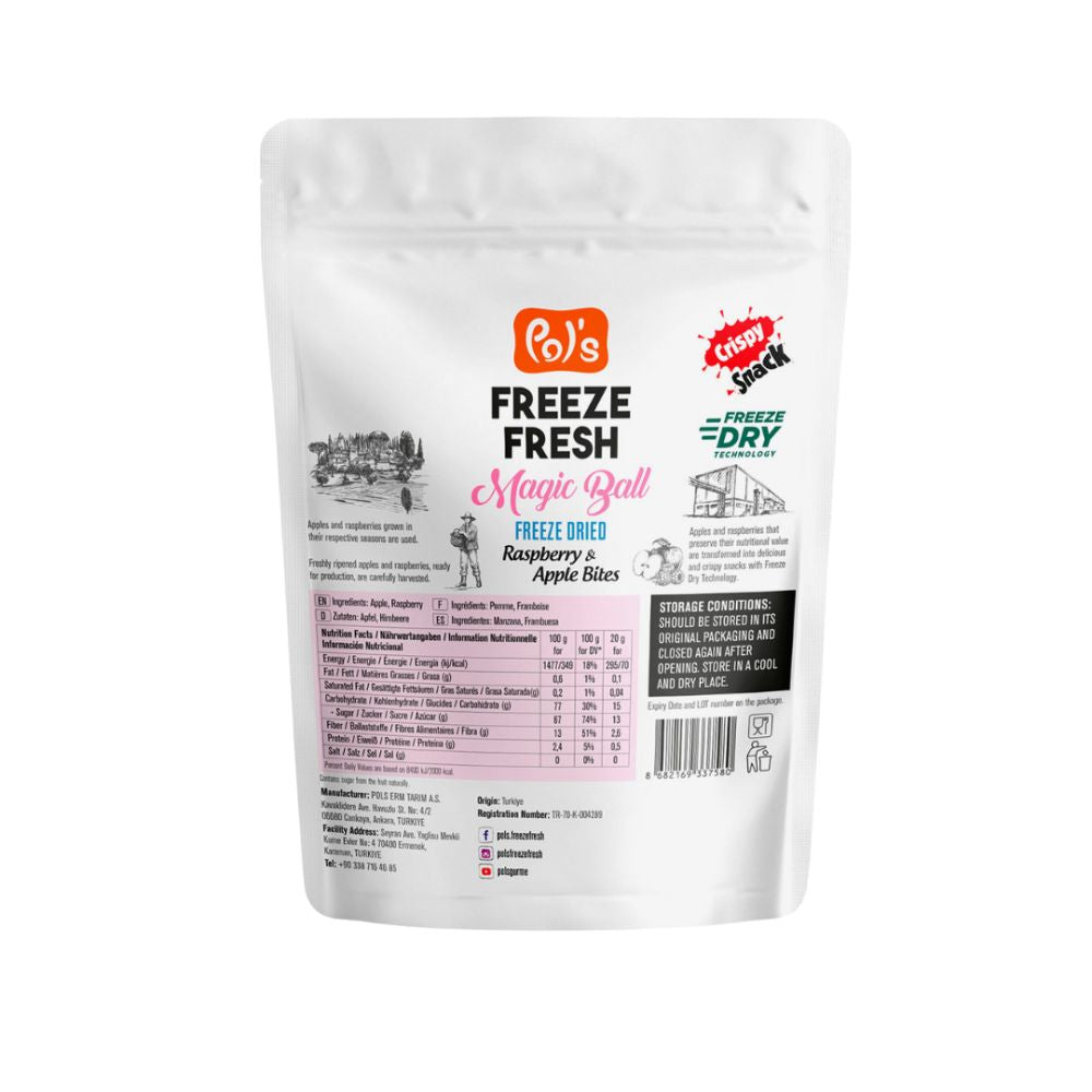 A white stand-up pouch of Po's Freeze Fresh Magic Ball freeze dried raspberry and apple slices, shown against a plain white background.