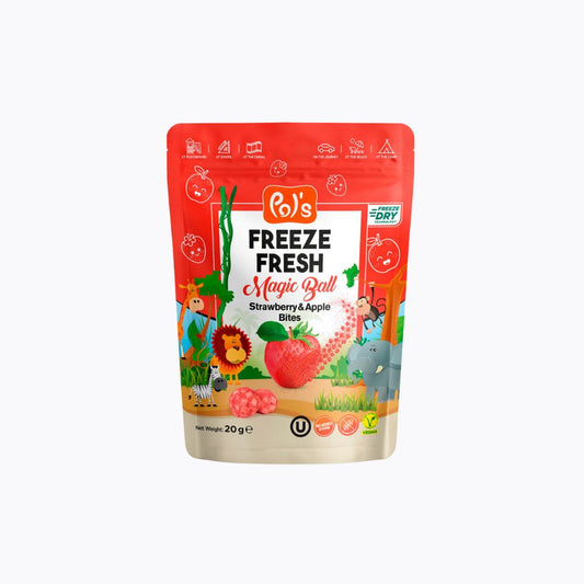 Packaged strawberry and apple bites with colorful label on a white background