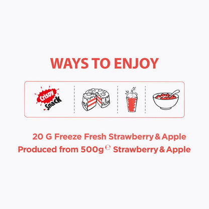 Text and icons showing ways to enjoy a product made from freeze-fresh strawberry and apple.