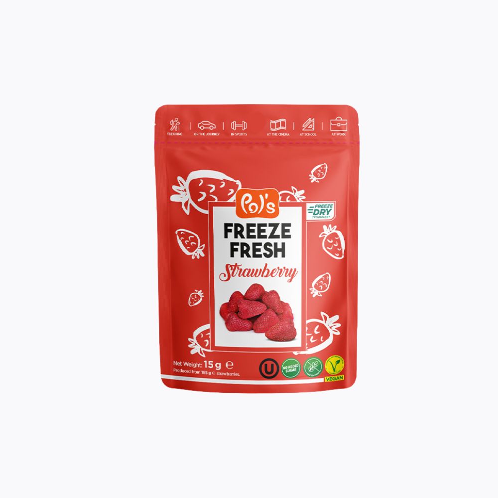 Red package of freeze-dried strawberries with 'Pol's' branding on a white background