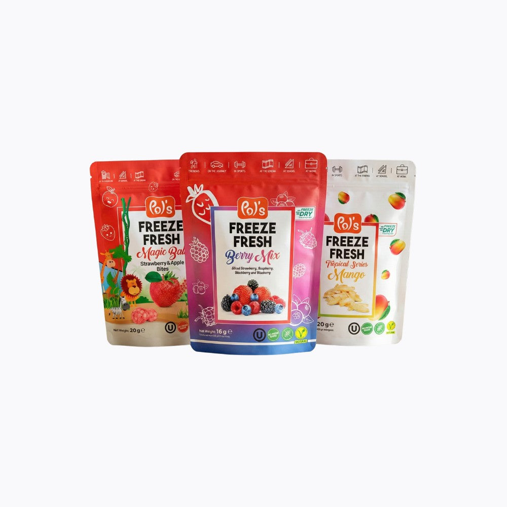 Three packages of 'Freeze Fresh' fruit snacks on a white background