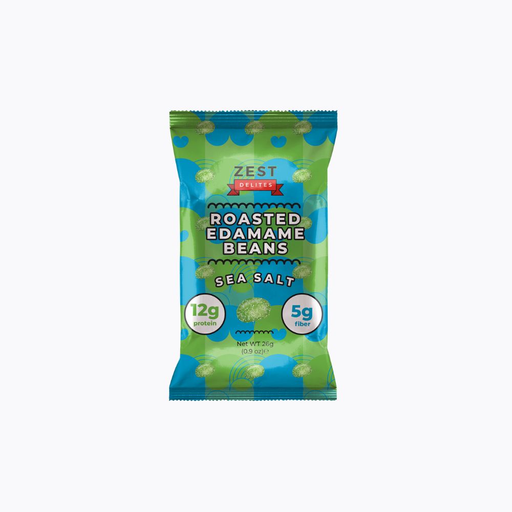Packaging of Zest Roasted Edamame Beans with sea salt on a white background