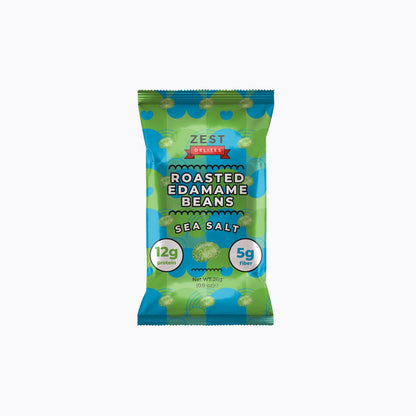 Packaging of Zest Roasted Edamame Beans with sea salt on a white background