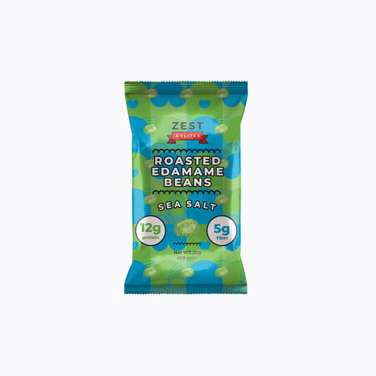 Packaging of Zest Roasted Edamame Beans with sea salt on a white background