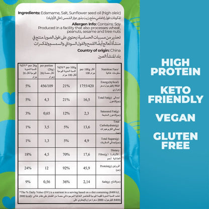 Nutritional label with text highlighting high protein, keto friendly, vegan, and gluten free attributes on a blue and green background.