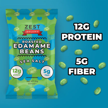 Packaging of Zest Delites roasted edamame beans with nutritional information on a blue background