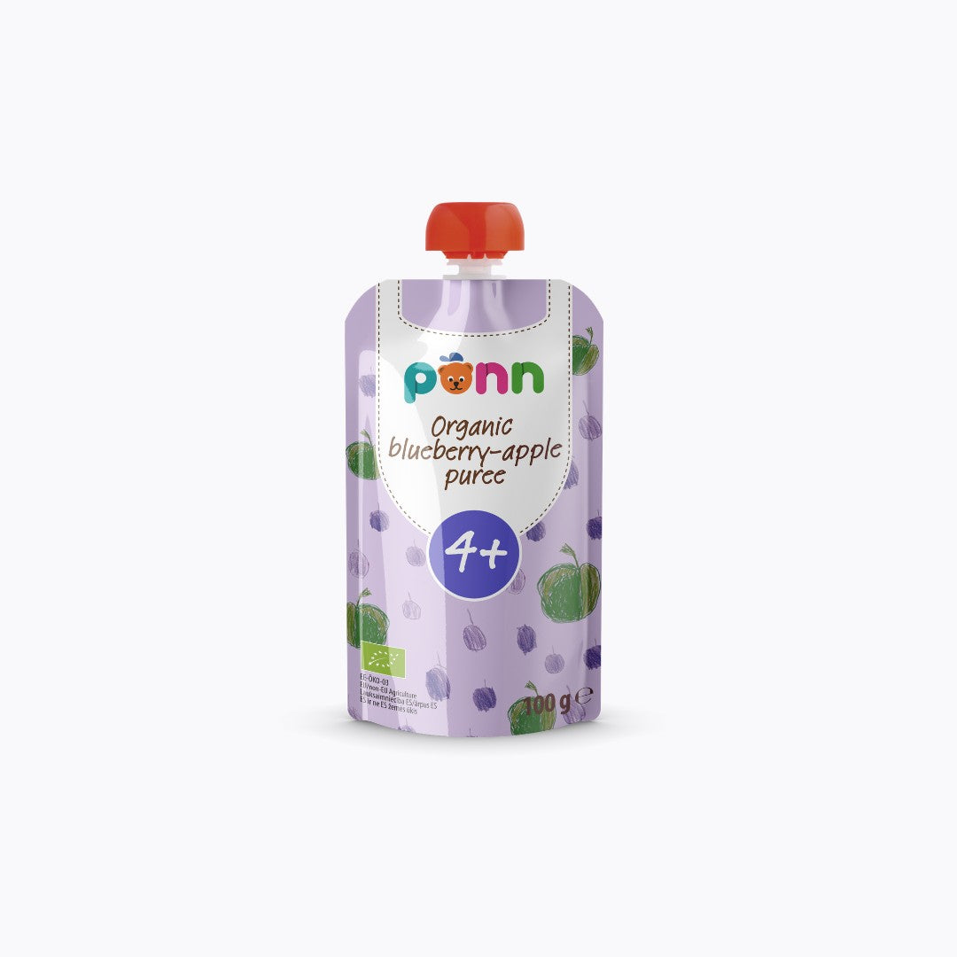 Pouch of organic blueberry-apple puree with 'penn' branding on a white background