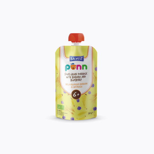Salvest Pann baby food pouch with banana and blueberry flavor on a white background
