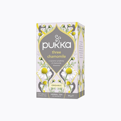 Pukka three chamomile tea box on a white background
