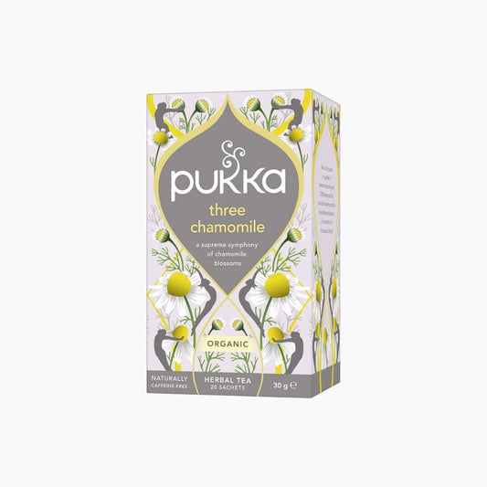 Pukka three chamomile tea box on a white background