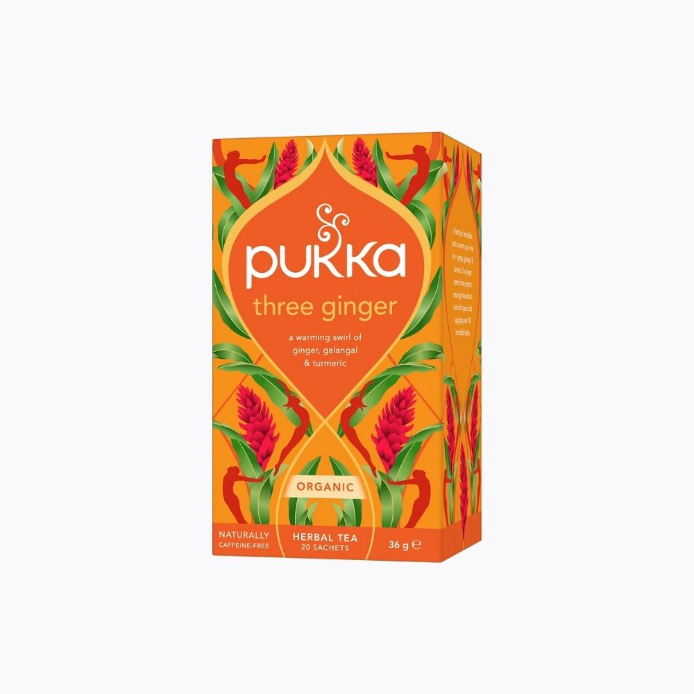 Pukka Three Ginger tea box on a white background