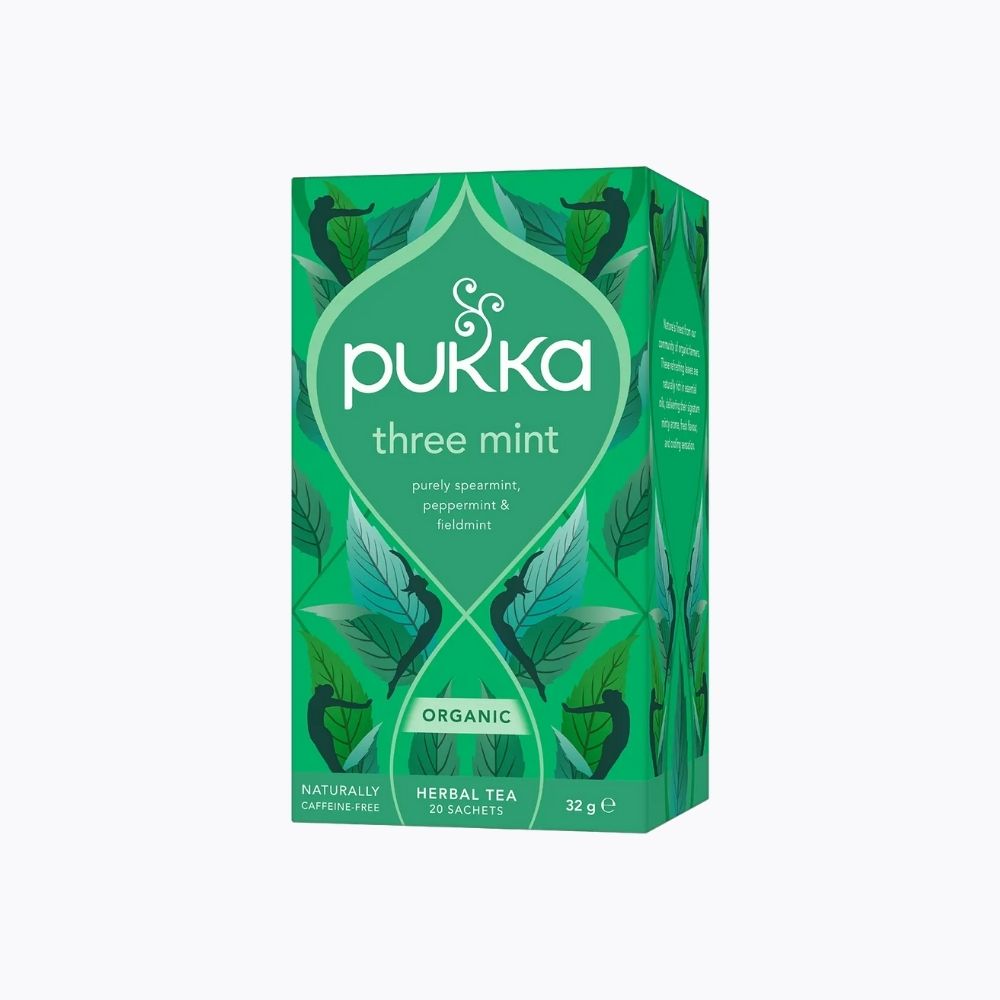 Green Pukka tea box with mint design on a white background
