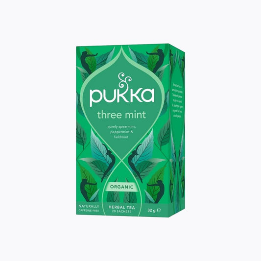 Green Pukka tea box with mint design on a white background