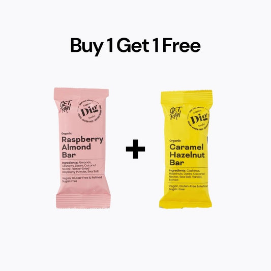 Two snack bars, one pink and one yellow, with 'Buy 1 Get 1 Free' text on a white background.