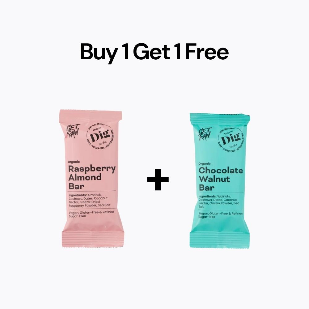 Two protein bars, one raspberry almond and one chocolate walnut, with a 'Buy 1 Get 1 Free' offer on a white background.