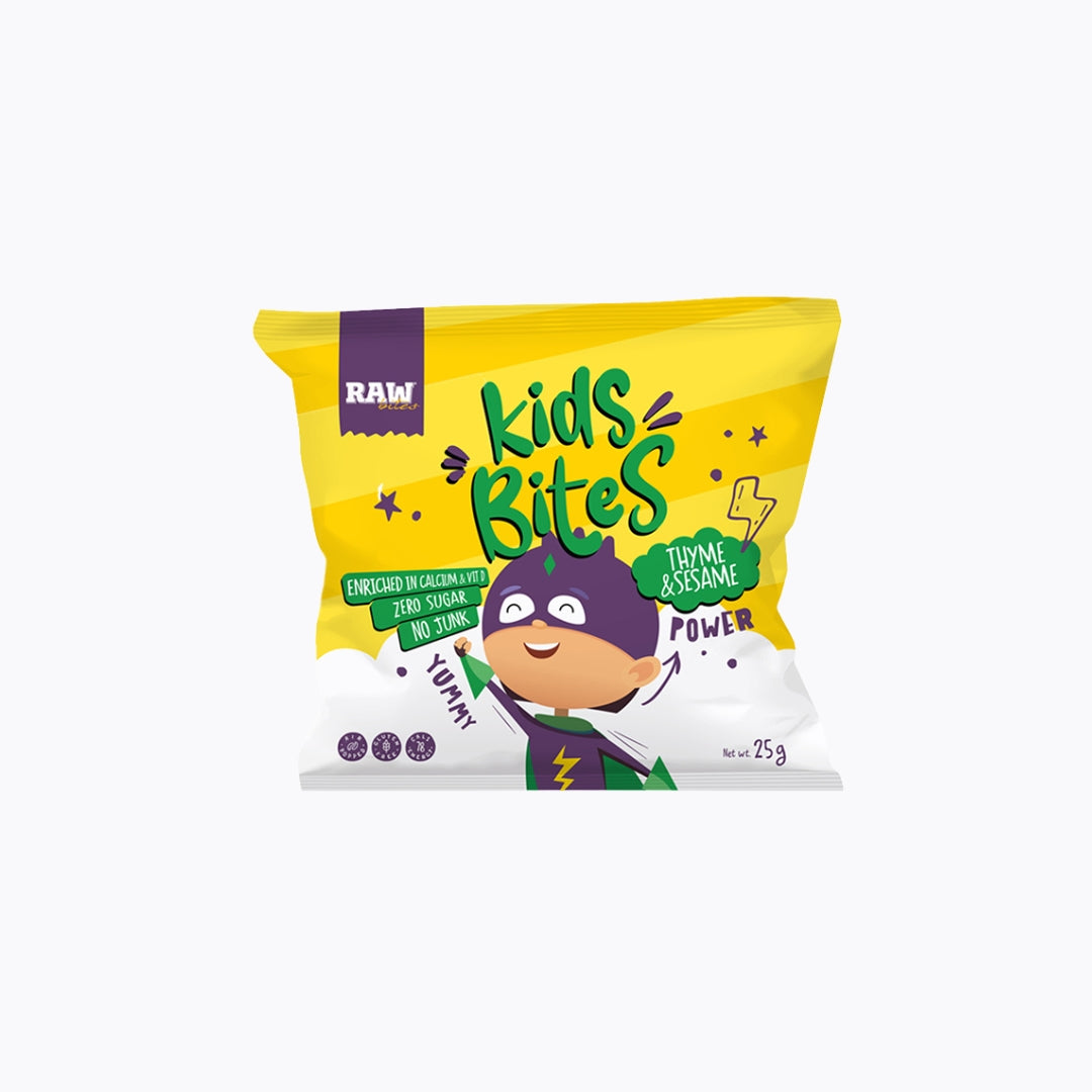 Yellow package of 'Kids Bites' on a white background