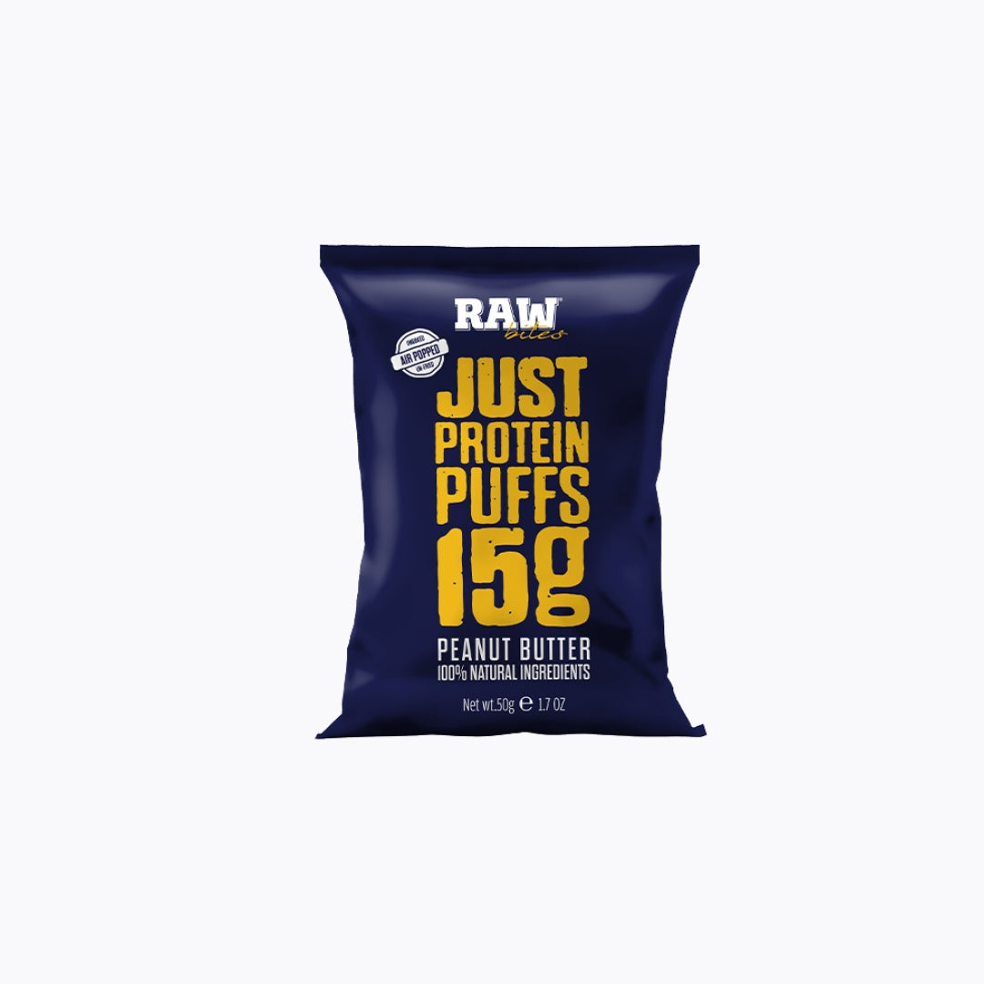 Bag of Raw Just Protein Puffs on a white background