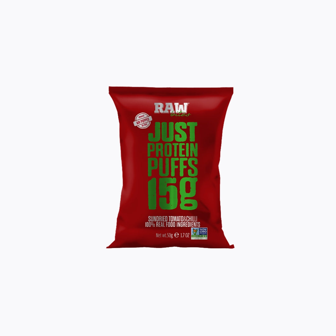 Red bag of Just Protein Puffs 10g on a white background