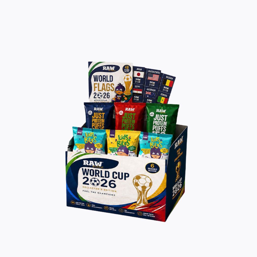 Display of Raw brand snack packs with World Cup 2026 theme on a white background