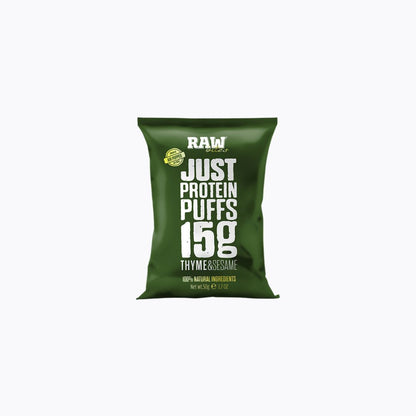 Green package of RAW Just Protein Puffs on a white background