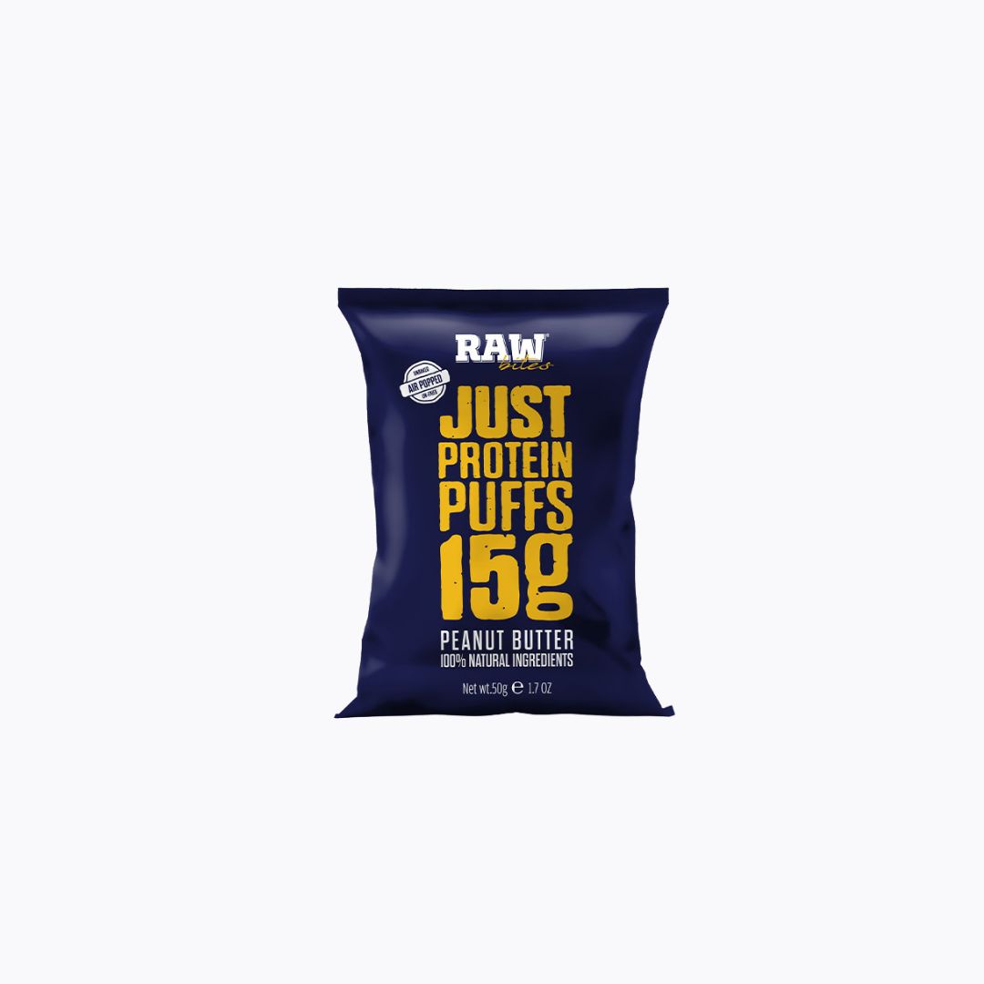 Blue package of Raw Protein Puffs with yellow text on a white background
