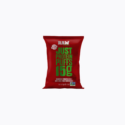 Red package of RAW Just Protein Puffs with green text on a white background