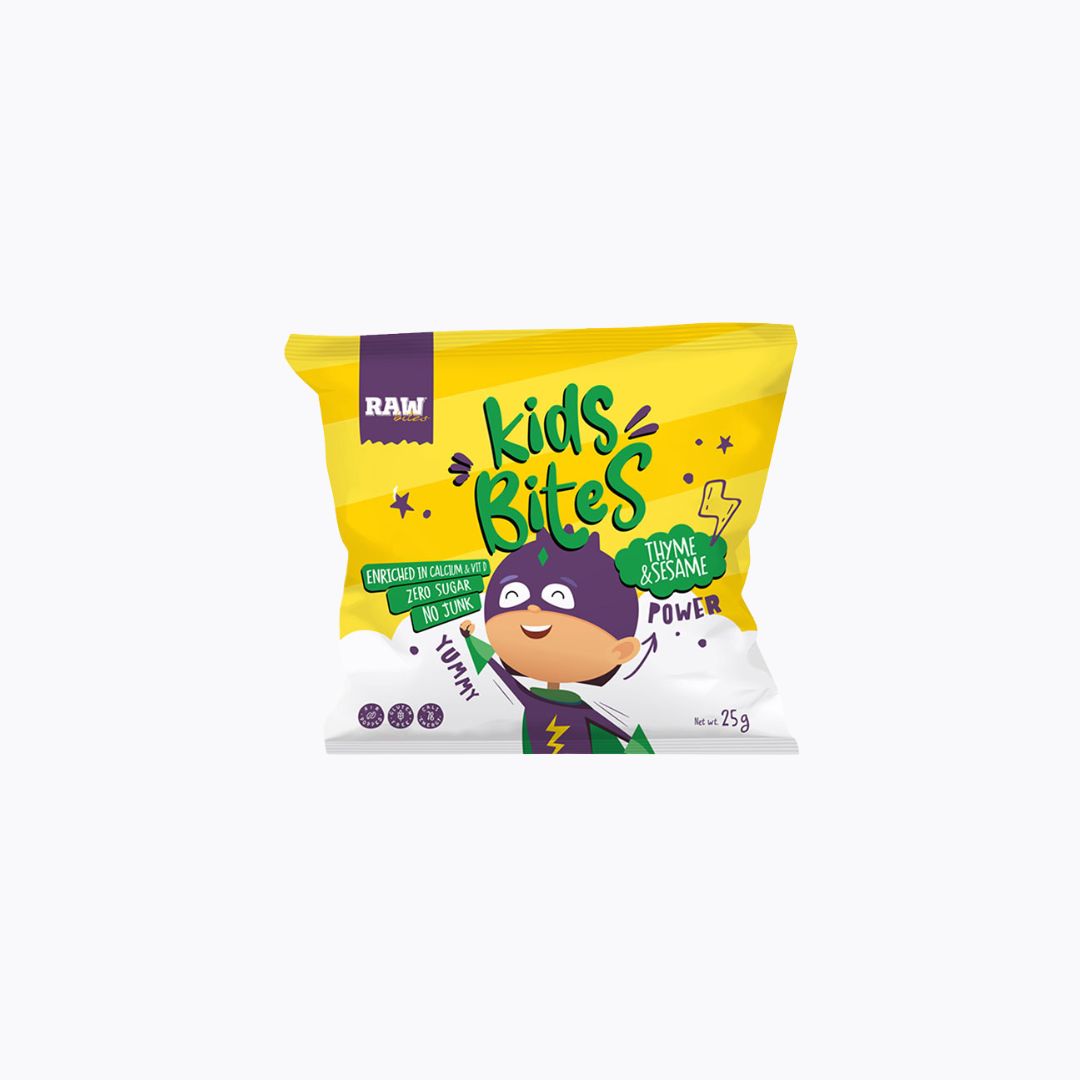Yellow package of 'Kids Bites' with a superhero design on a white background