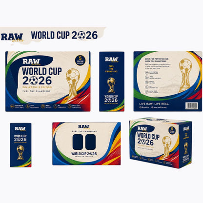Collection of RAW World Cup 2026 packaging on a white background