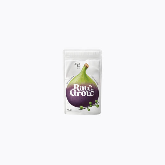 Bag of dried figs with 'Raw Grow' branding on a white background