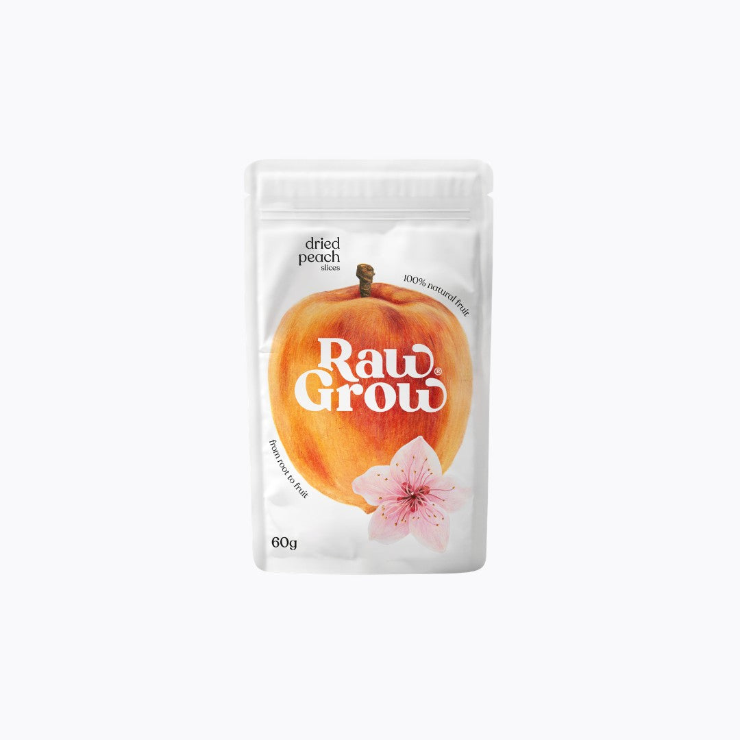 Packaged dried peach with 'Raw Grow' branding on a white background