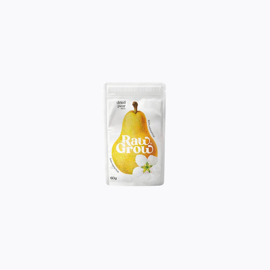 Packaged dried pear with 'Raw Grow' branding on a white background