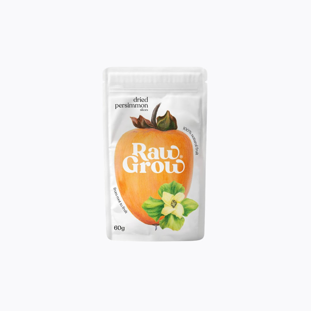 Packaged dried persimmon with 'Raw & Grow' branding on a white background