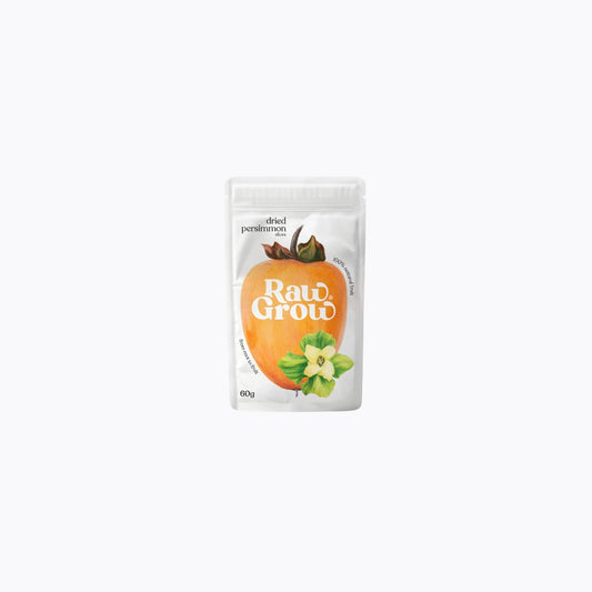 Packaged dried persimmon with 'Raw & Grow' branding on a white background