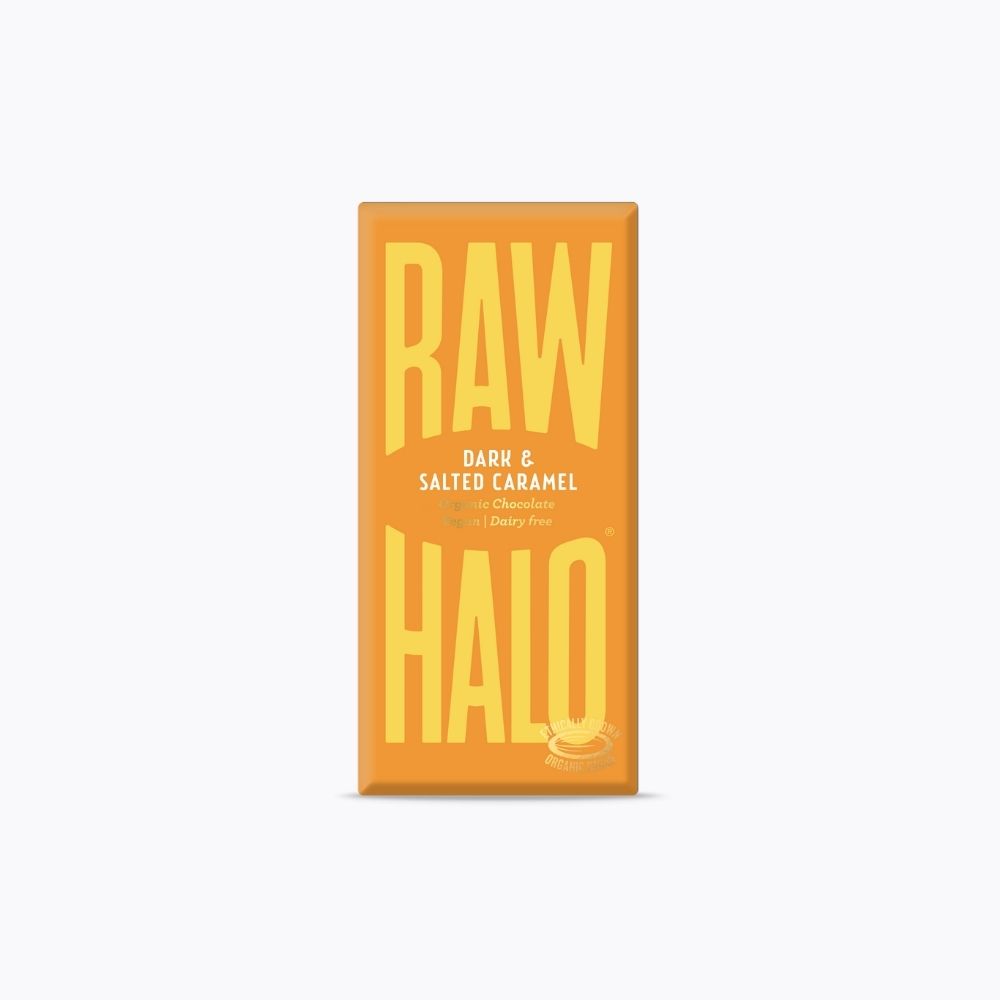 Raw Halo dark and salted caramel chocolate bar packaging on a white background