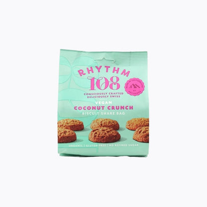 Pack of Rhythm 108 coconut crunch biscuits on a white background