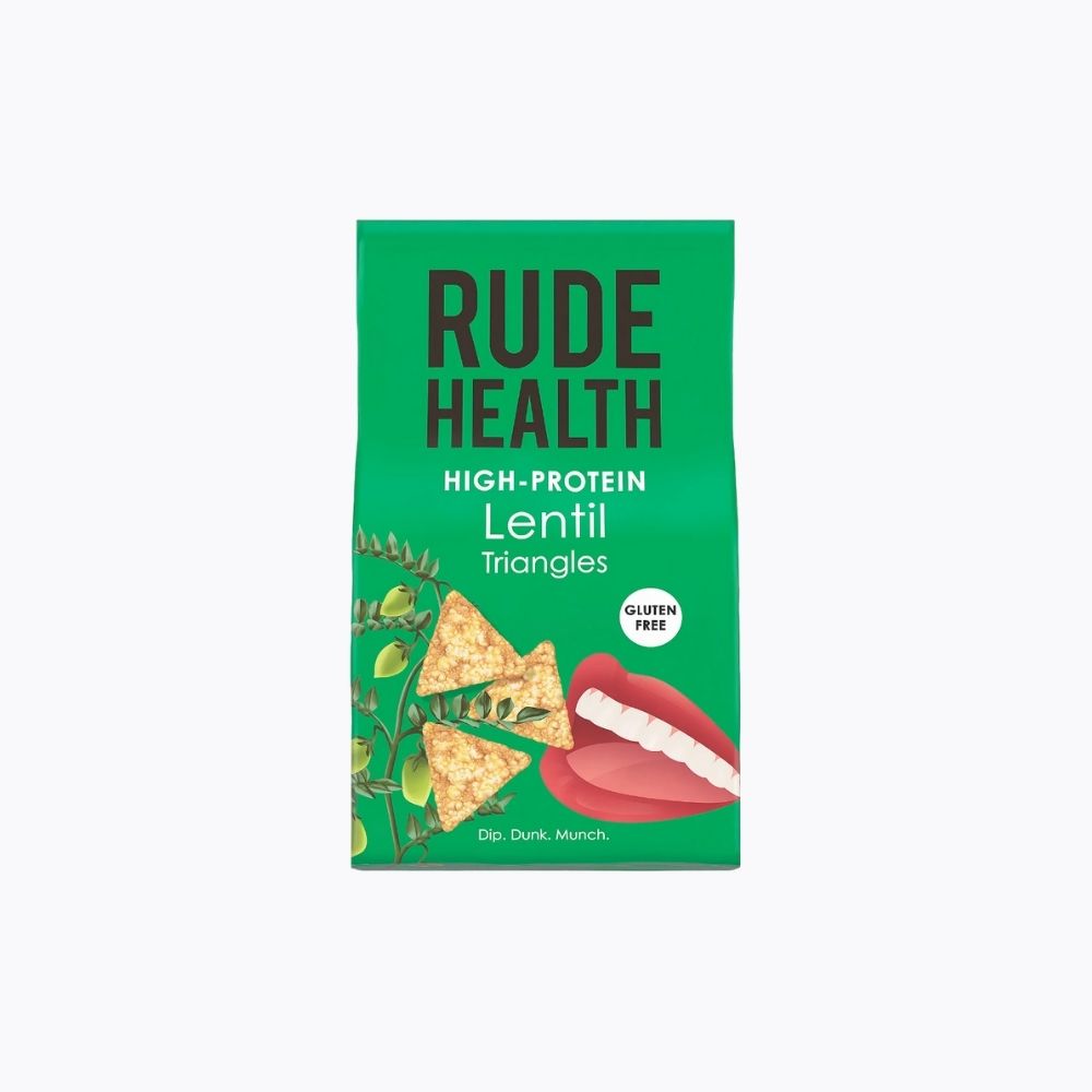 Green packaging of Rude Health High-Protein Lentil Triangles on a white background
