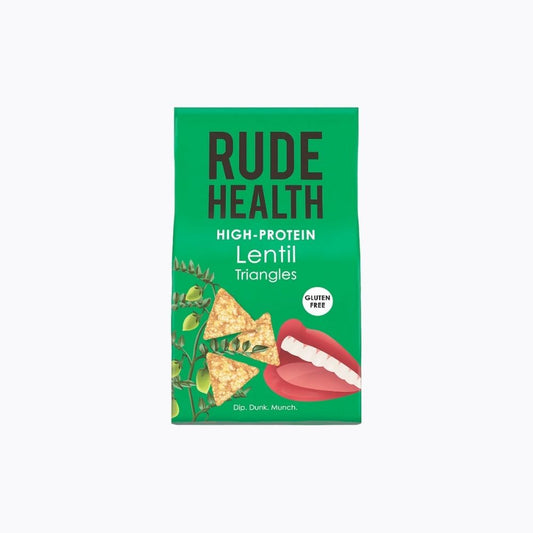Green packaging of Rude Health High-Protein Lentil Triangles on a white background