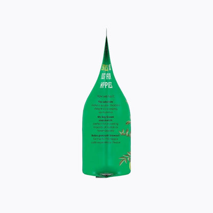 Green bottle-shaped pouch with text on a white background