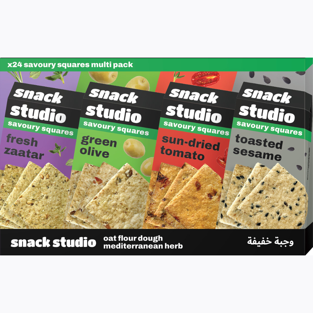 Snack Studio savoury squares packaging with different flavors displayed.