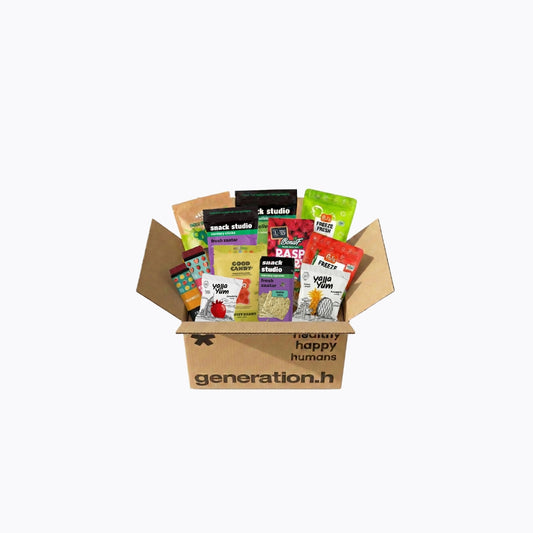 Box of snacks from generation.h with various snack packages inside on a white background