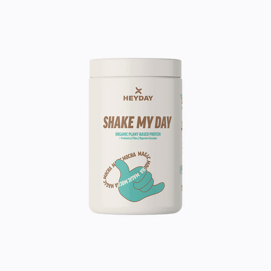 Protein powder container with 'Heyday' branding on a white background