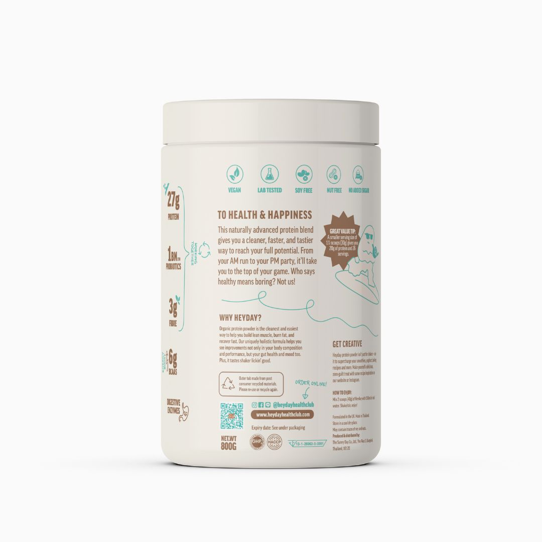 Protein powder container with a white label on a white background