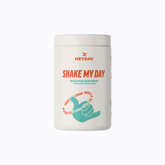 Protein powder container with 'Heyday' branding on a white background