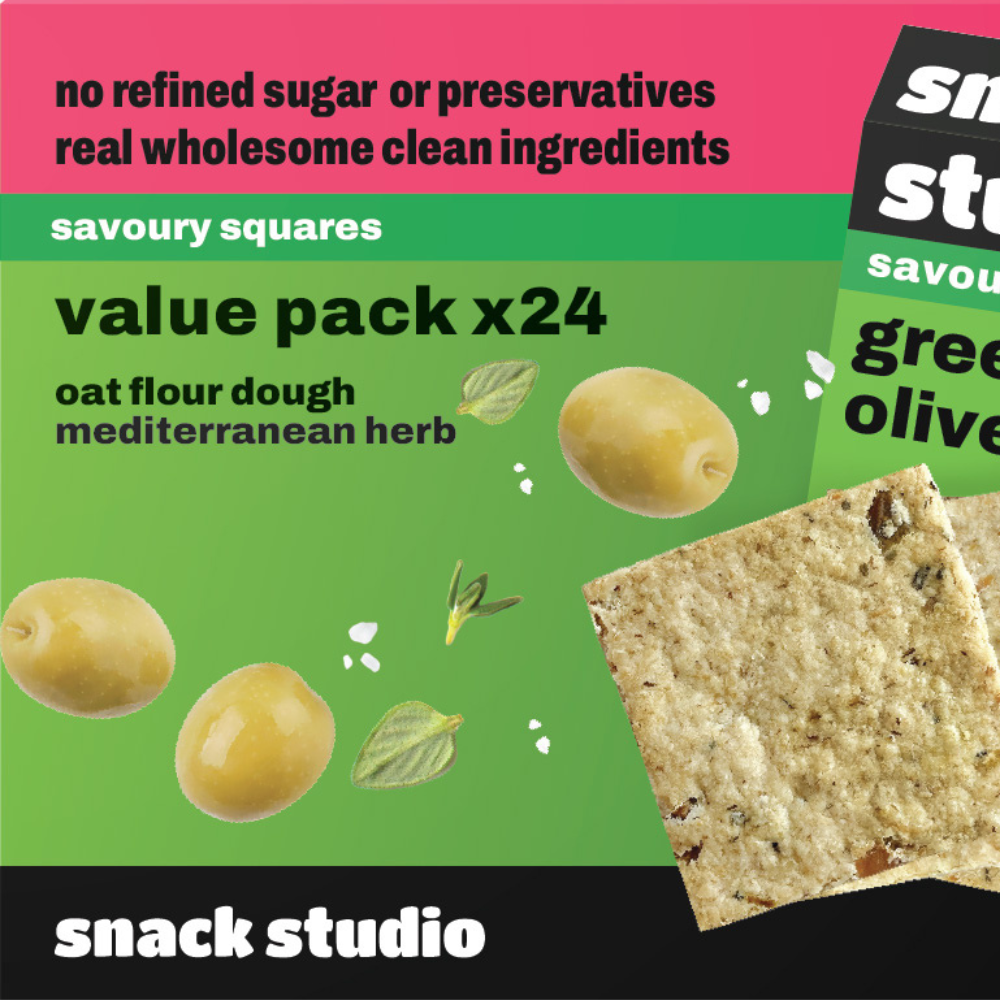 Snack Studio savoury squares packaging with green and pink design, showing crackers and olives.