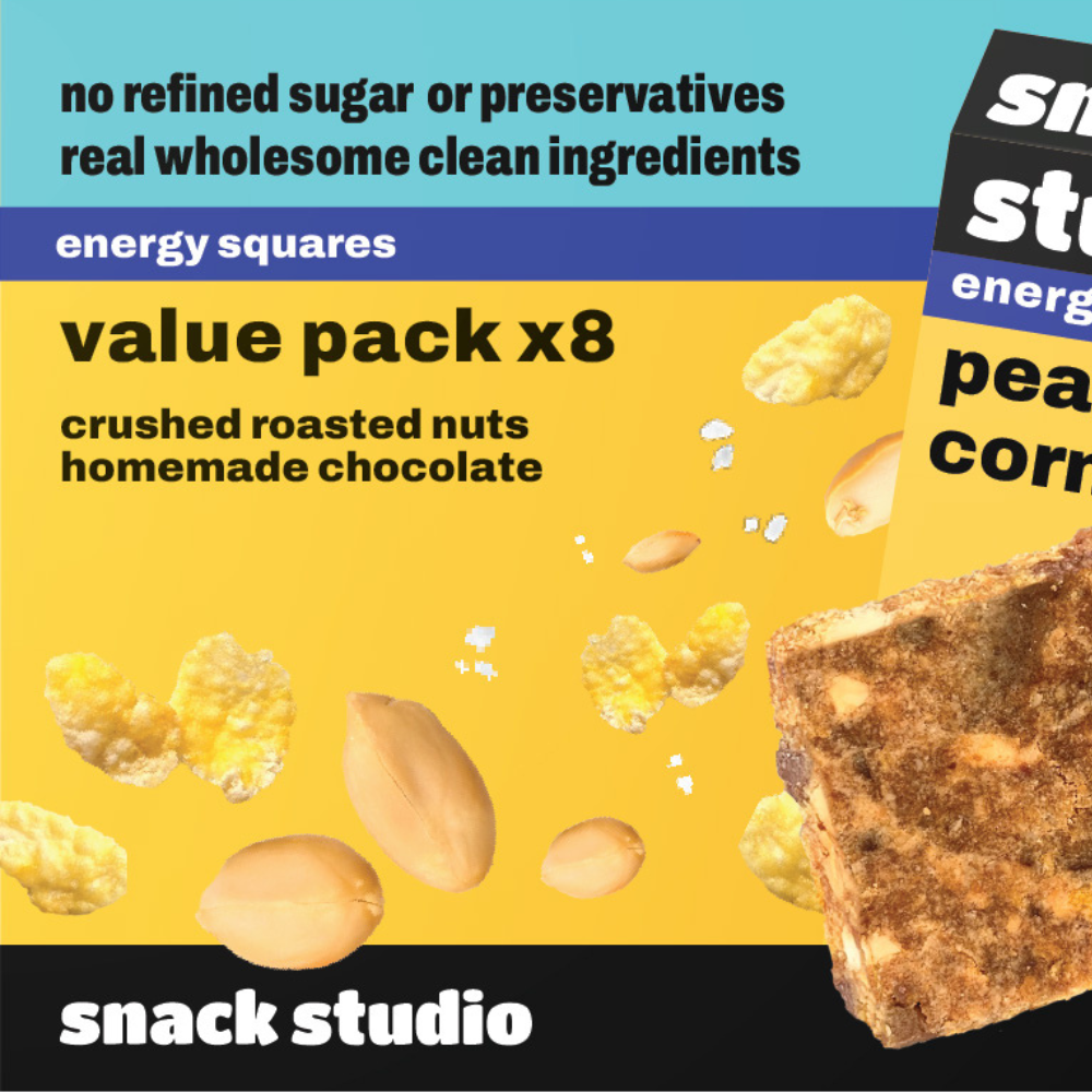 Snack Studio energy square packaging with ingredients and branding details.