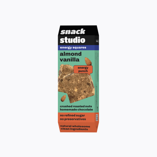 Box of Snack Studio almond vanilla energy squares on a white background