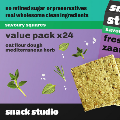 Snack Studio savory squares packaging with herbs and text on a purple and teal background