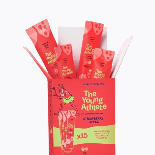 Red packaging of 'The Young Athlete' with multiple strawberry apple flavored sticks on a white background
