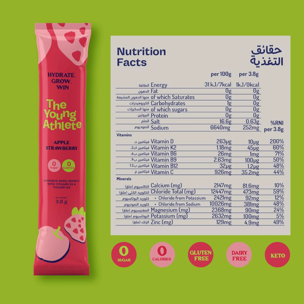 Pink energy stick with nutrition facts label on a green background