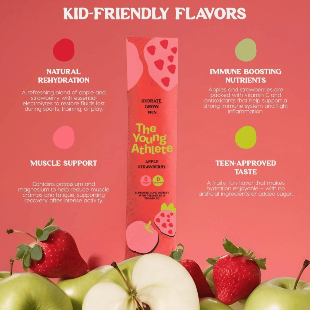 Product packaging with text about 'The Young Athlete' drink mix on a pink background with apples and strawberries.